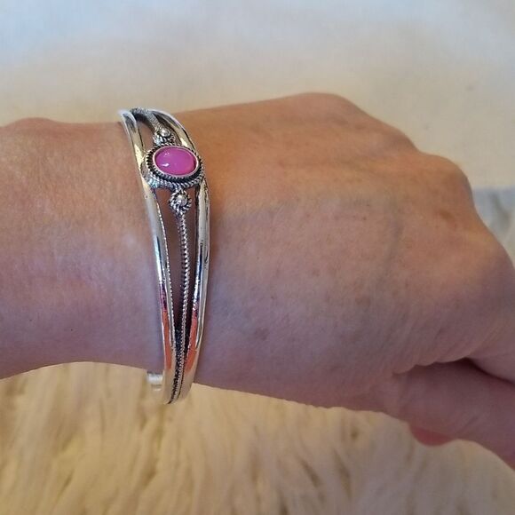 Bangle bracelet pink gemstone silver - Picture 2 of 9